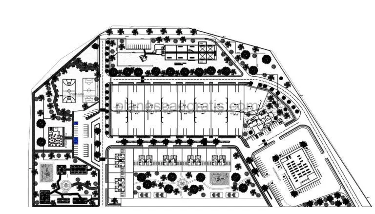 Proyecto Habitacional Completo en plano DWG de AutoCAD todas las areas sociales, areas de juegos infantiles, planta de tratamiento de agua, apartamentos, parqueos, areas deportivas, areas verdes.