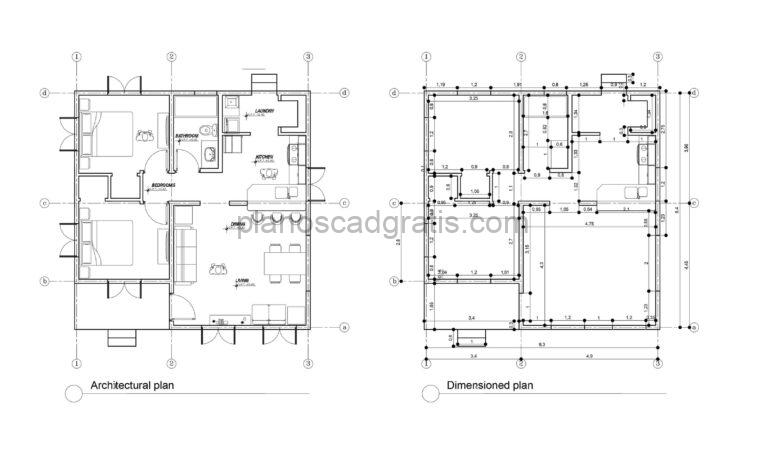 plano de pequeña de dos habitaciones en dibujo dwg CAD para descarga gratis