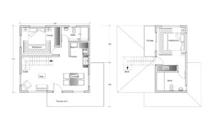plano de casa de dos habitaciones y dos pisos de 90 M2, planta dimensionada en formato dwg CAD para descarga gratis