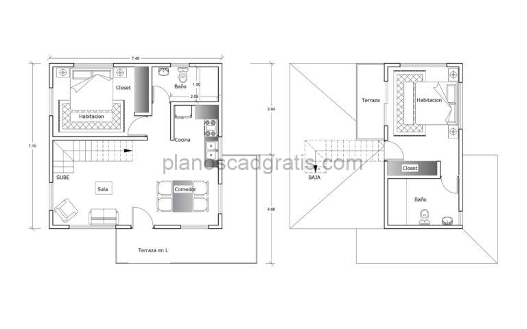 plano de casa de dos habitaciones y dos pisos de 90 M2, planta dimensionada en formato dwg CAD para descarga gratis