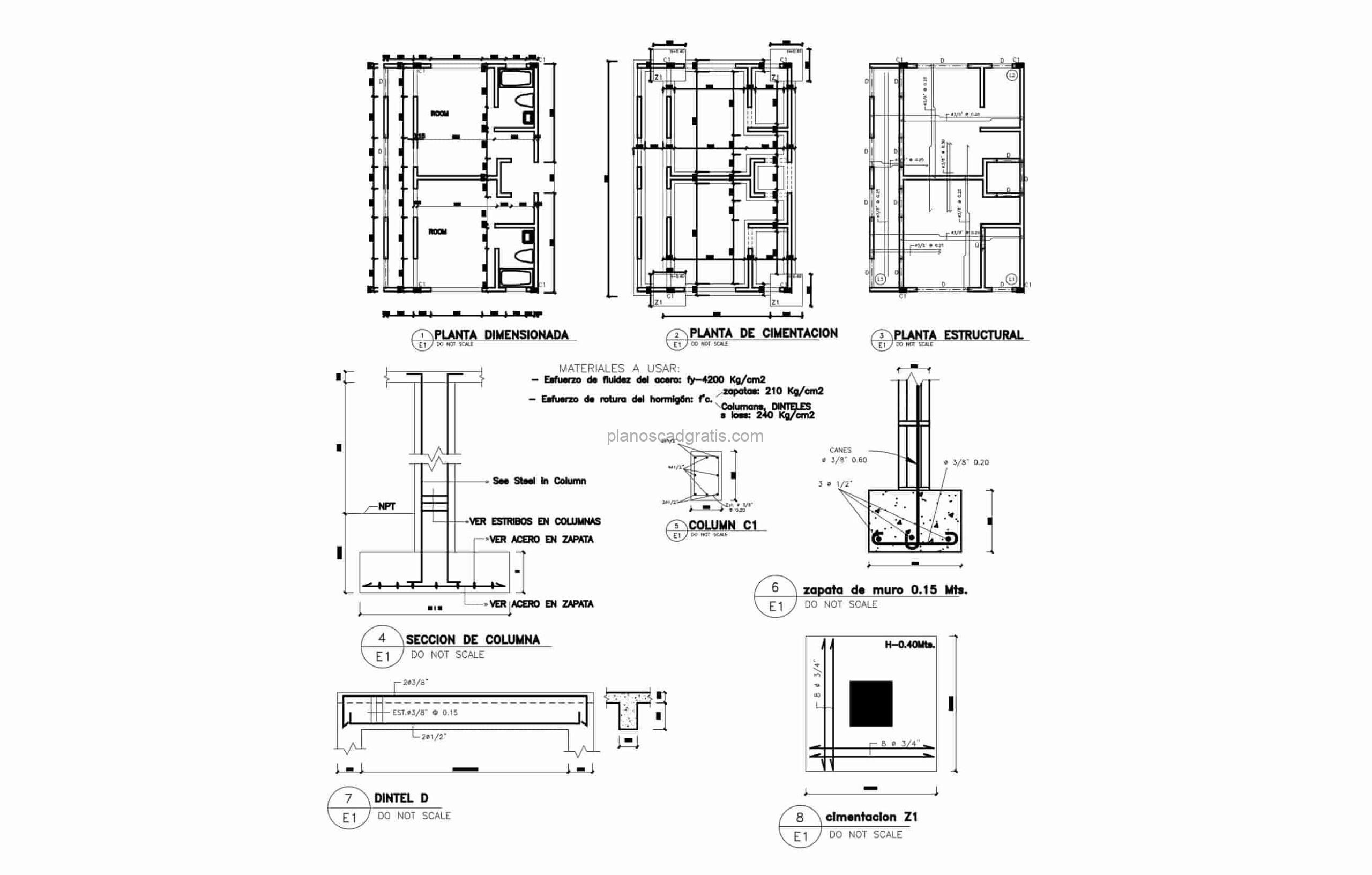 plano de detalle de cimentacion de residencia con area de columnas vigas y muros en formato dwg de autocad para descarga gratis
