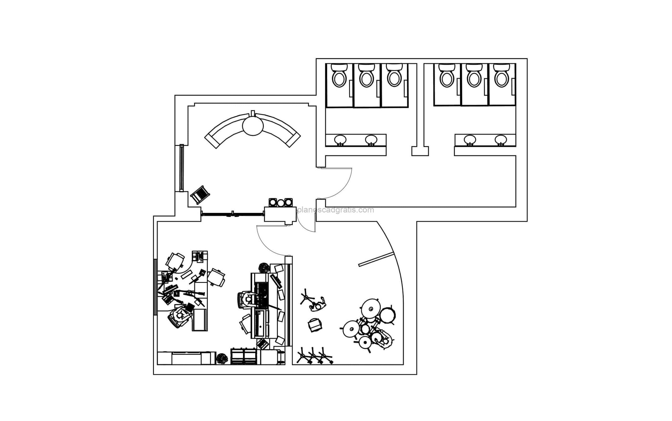 plano formato dwg de AutoCAD de estudio de grabación completo con planta arquitectonica amueblada para descarga gratis