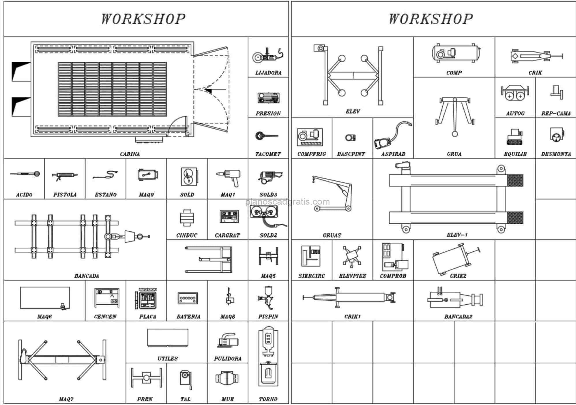 bloques de autocad dibujo formato dwg de herramientas de taller y maquinarias para descarga gratis