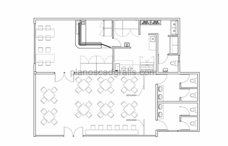 Proyecto en dibujos 2d de bar sushi con area de restaurant totalmente amueblado con bloques de AutoCAD, plano para descarga gratis, proyectos de restaurantes, cafeterias, y cocinas comerciales.