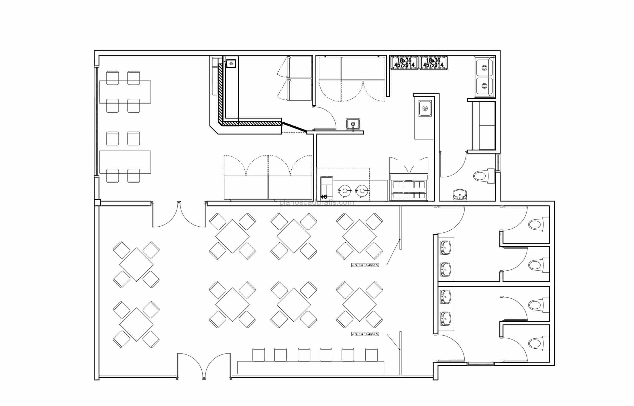 Proyecto en dibujos 2d de bar sushi con area de restaurant totalmente amueblado con bloques de AutoCAD, plano para descarga gratis, proyectos de restaurantes, cafeterias, y cocinas comerciales.