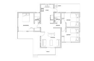 plano de casa de tres habitaciones con planta corrida y terraza perimetral plano CAD formato DWG para descarga gratis