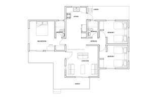 plano de casa de tres habitaciones con planta corrida y terraza perimetral plano CAD formato DWG para descarga gratis
