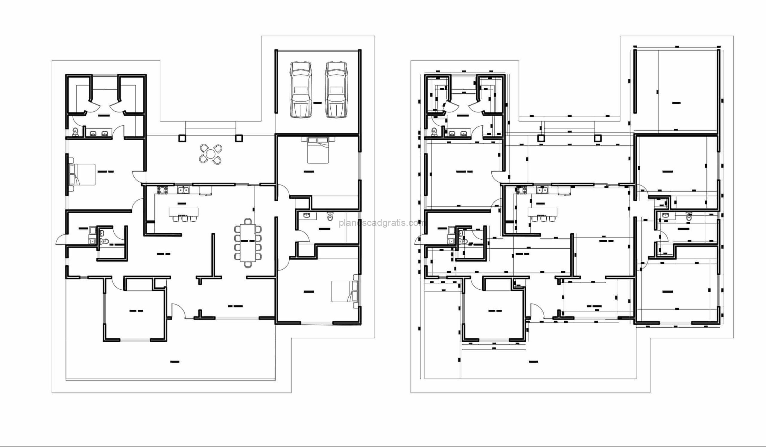 plano arquitectonico y dimensionado dibujado en formato cad dwg de casa grande con terraza al patio para descargar gratis