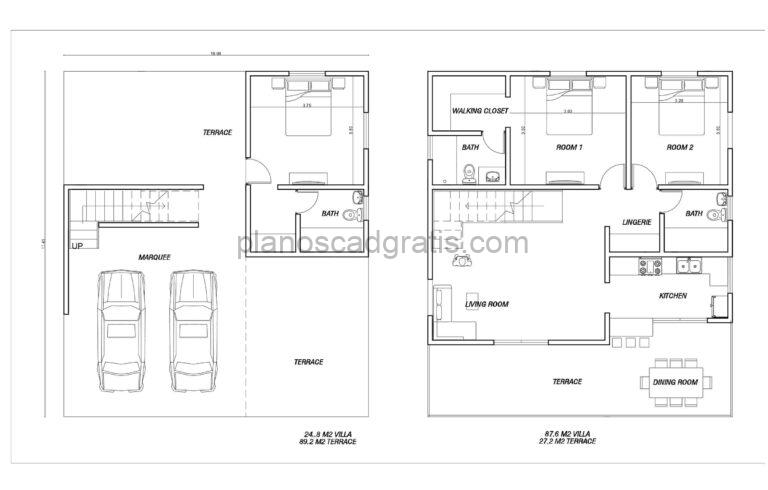 plano de autocad de residencia de dos pisos con tres habitaciones cochera doble frontal y terrazas superior y en primer piso, plano para descarga gratis