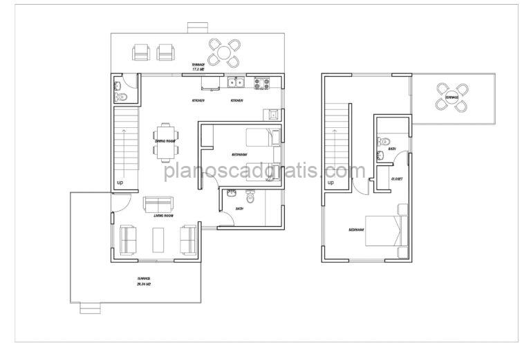 plano de casa de dos pisos con 160 metros cuadrados en formato dwg CAD con espacios definidos, plano para descarga gratis