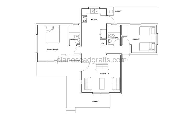 Casa De Dos Habitaciones 90 M2- Planos de AutoCAD