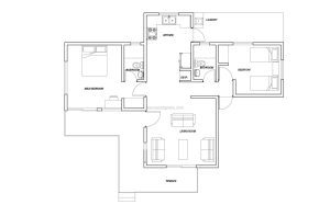 plano de casa de dos habitaciones con planta abierta y terraza perimetral plano formato dwg CAD para descarga gratis
