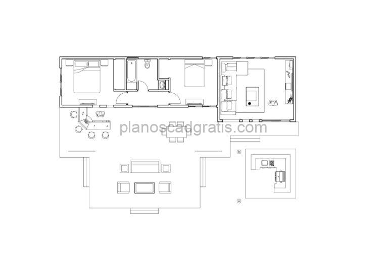 plano cad de villa con gran terraza frontal y cocina exterior bbq plano dwg para descarga gratis