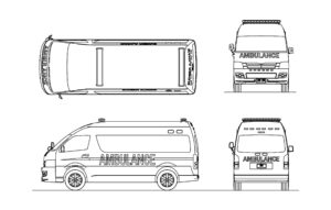 dibujo de bloque de Autocad de ambulancia vistas en planta y elevaciones plano en formato dwg para descarga gratis
