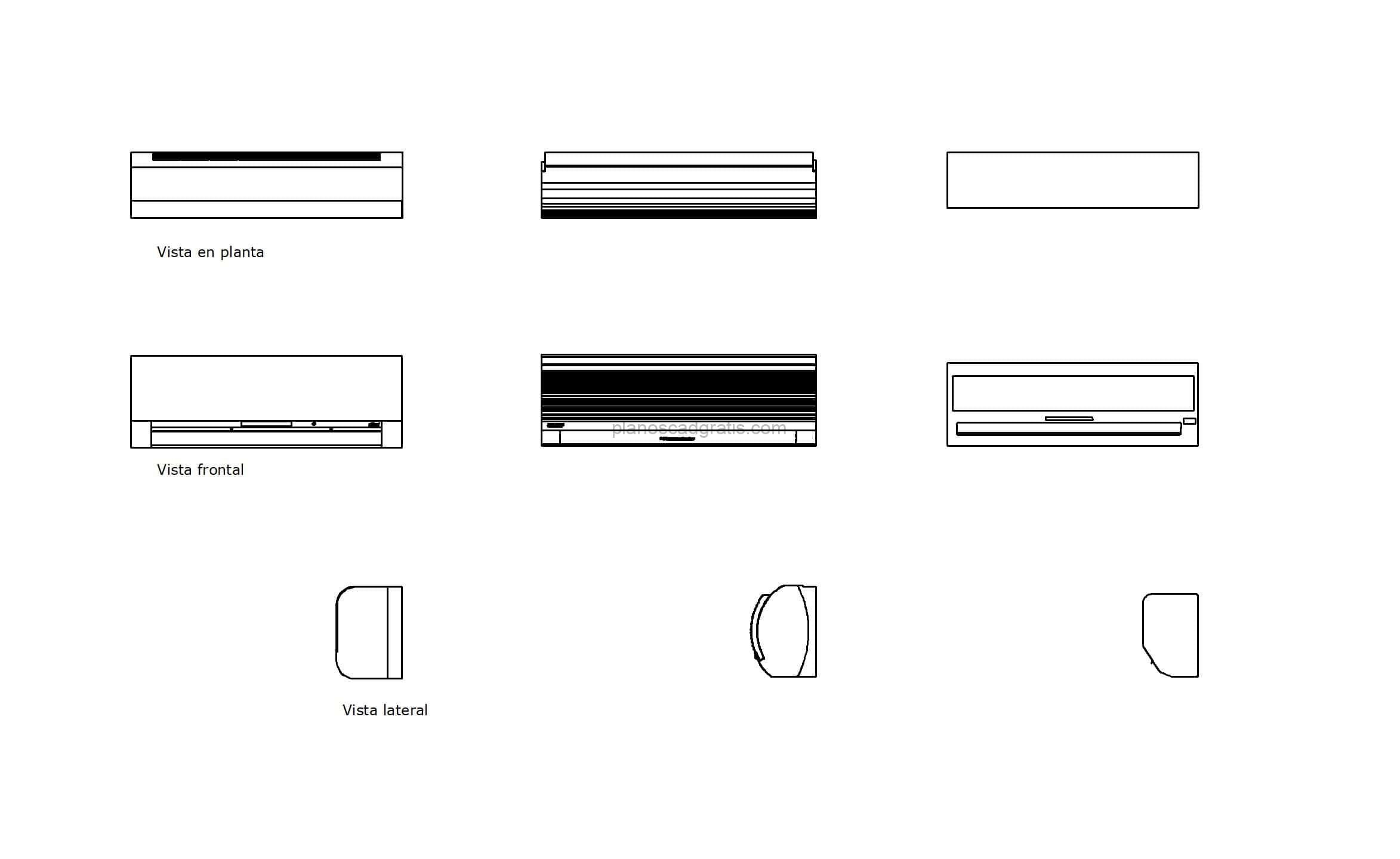 bloque de autocad de diferentes aires acondicionados, vistas en planta y elevaciones para descaga gratis, formato dwg
