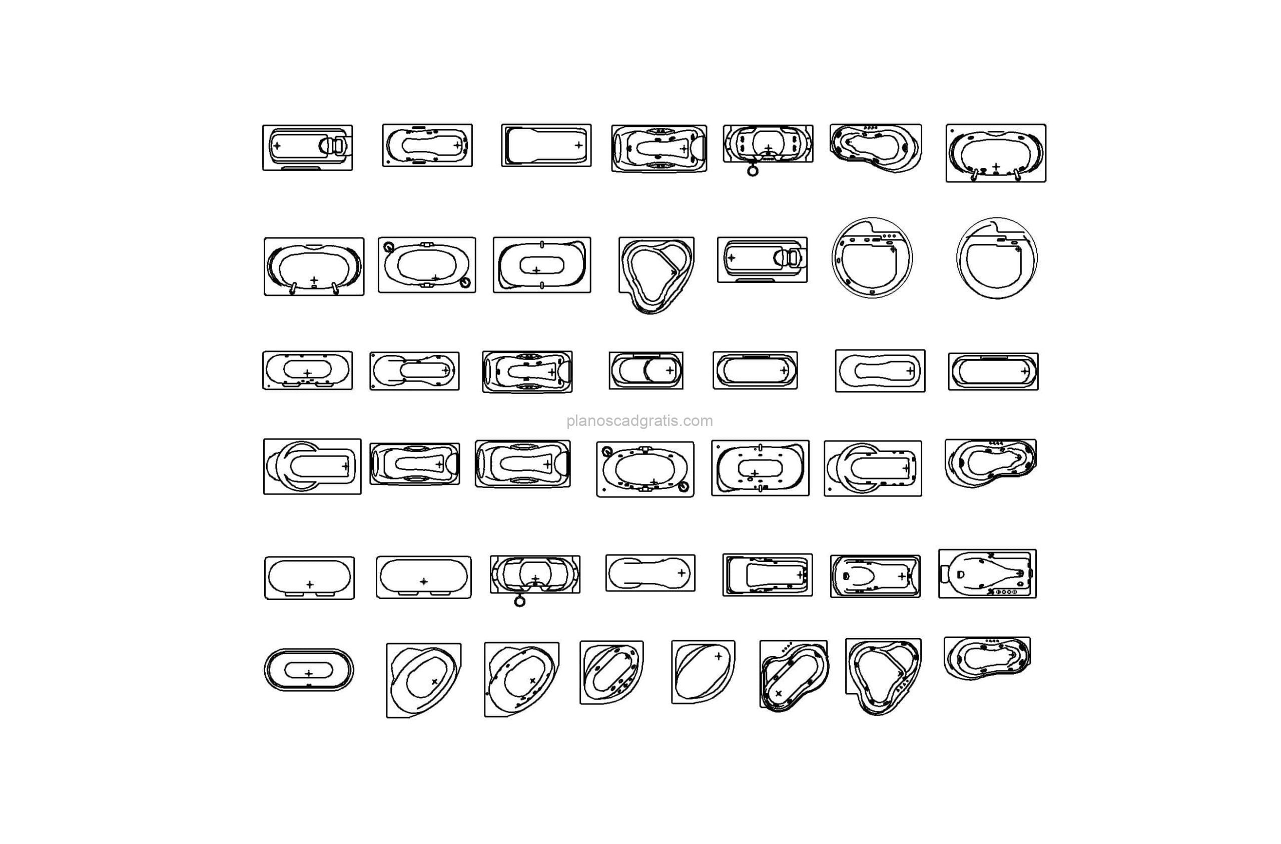dibujo de autocad de diferentes tipos de bañeras, vistas en planta archivo 2d dwg para descarga gratis