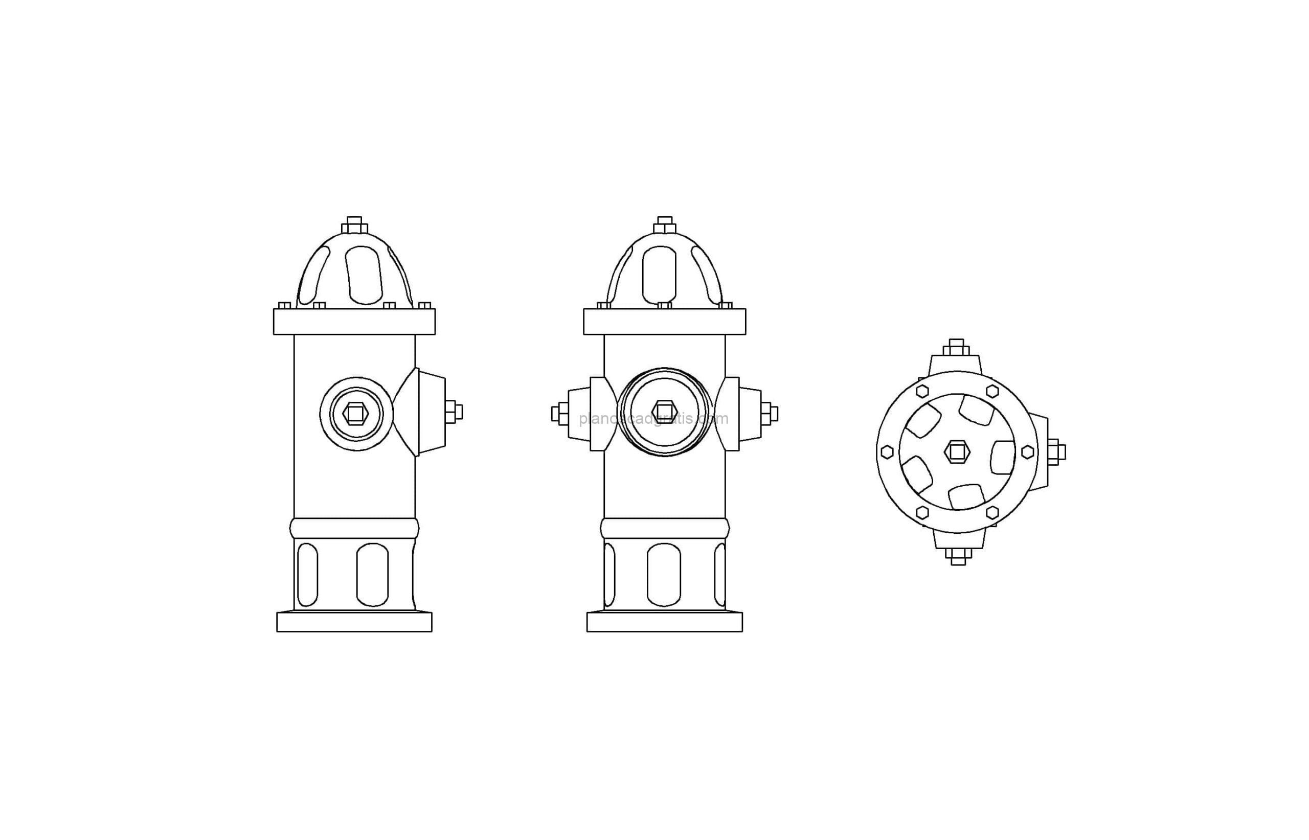 dibujo de autoca de boca de incendios, plano con vistas en planta y elevación para descarga gratis, formato dwg