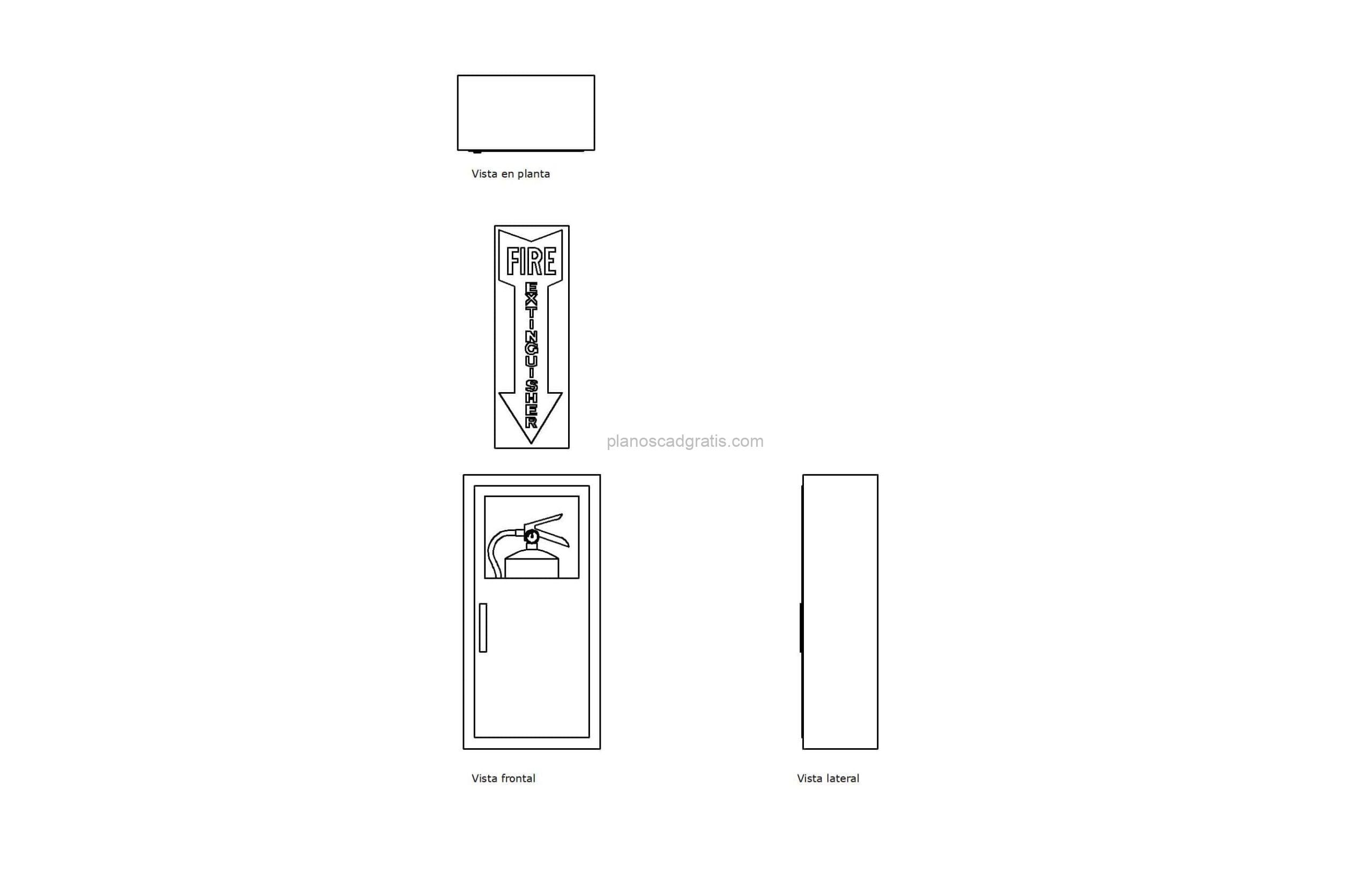 dibujo de autocad de un cabinete extintor, vistas en planta y elevacion, dibujo 2d en formato dwg para descarga gratis