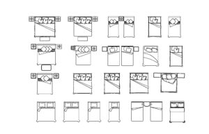 dibujo de autocad de diferentes camas, vistas en planta y elevaciones, archivo dwg para descarga gratis