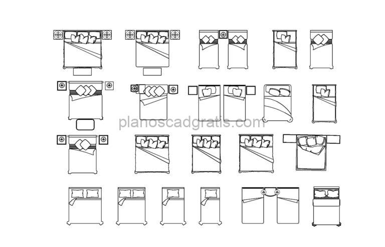 dibujo de autocad de diferentes camas, vistas en planta y elevaciones, archivo dwg para descarga gratis