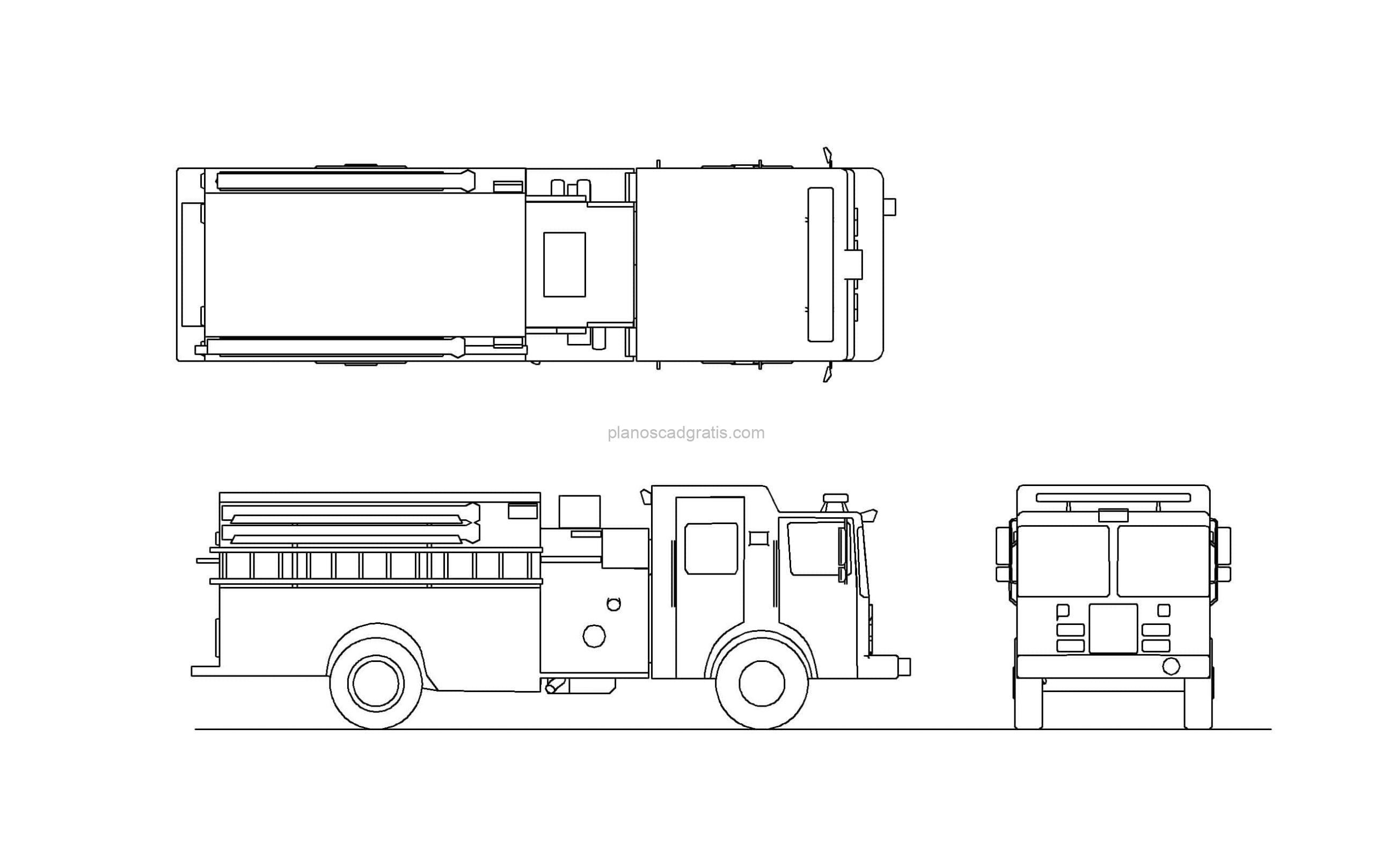 dibujo de autocad de un camión de bombero, vistas en planta y elevaciones para descarga gratis en formato dwg de autocad