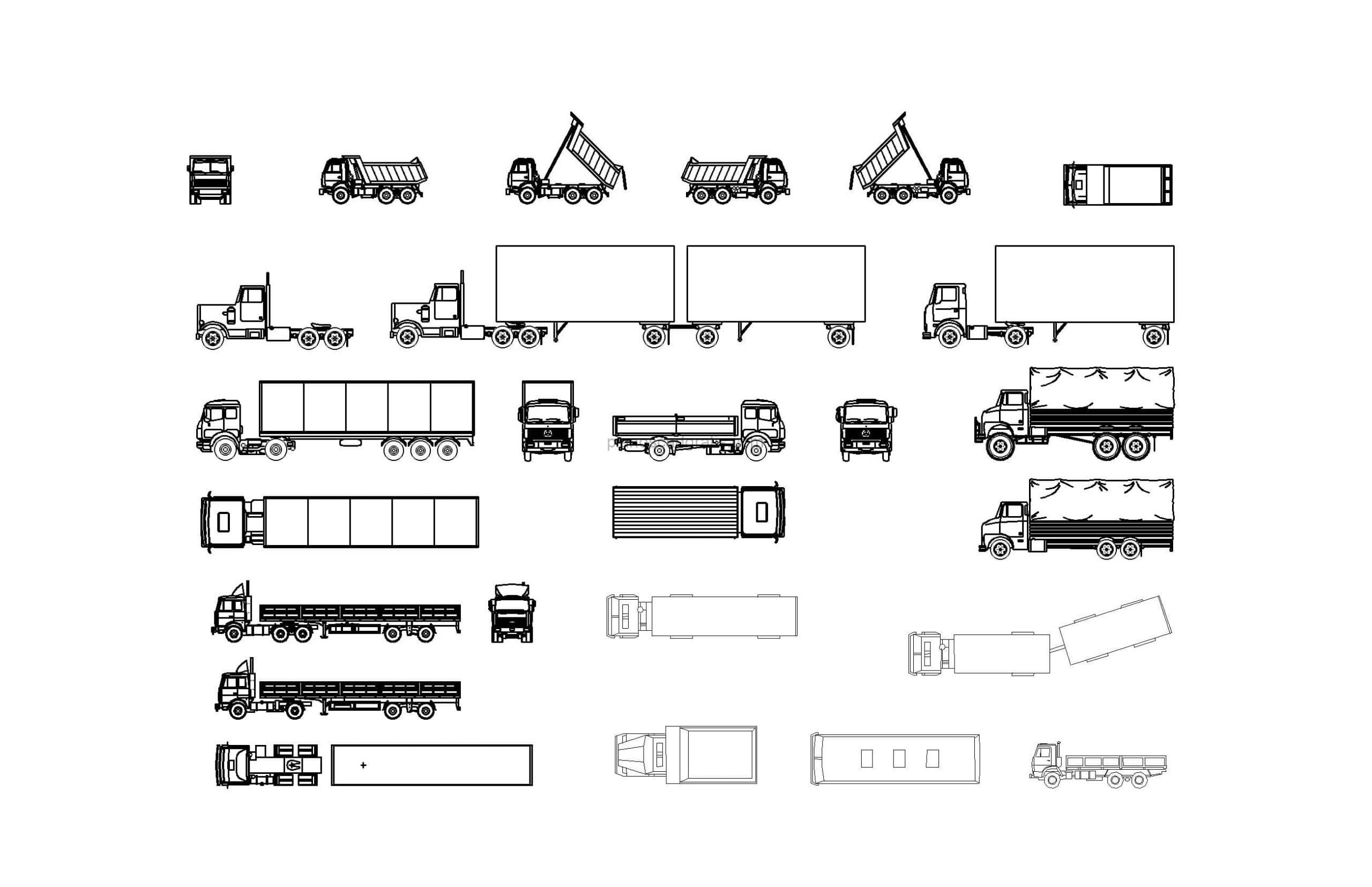 bloque de autocad de diferentes camiones, plano de autocad con vistas en planta y elevaciones, archivo dwg para descarga gratis