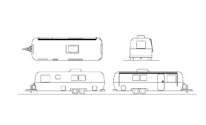 dibujo de autocad de una caravana, vistas en planta y elevaciones para descarga gratis en formato dwg