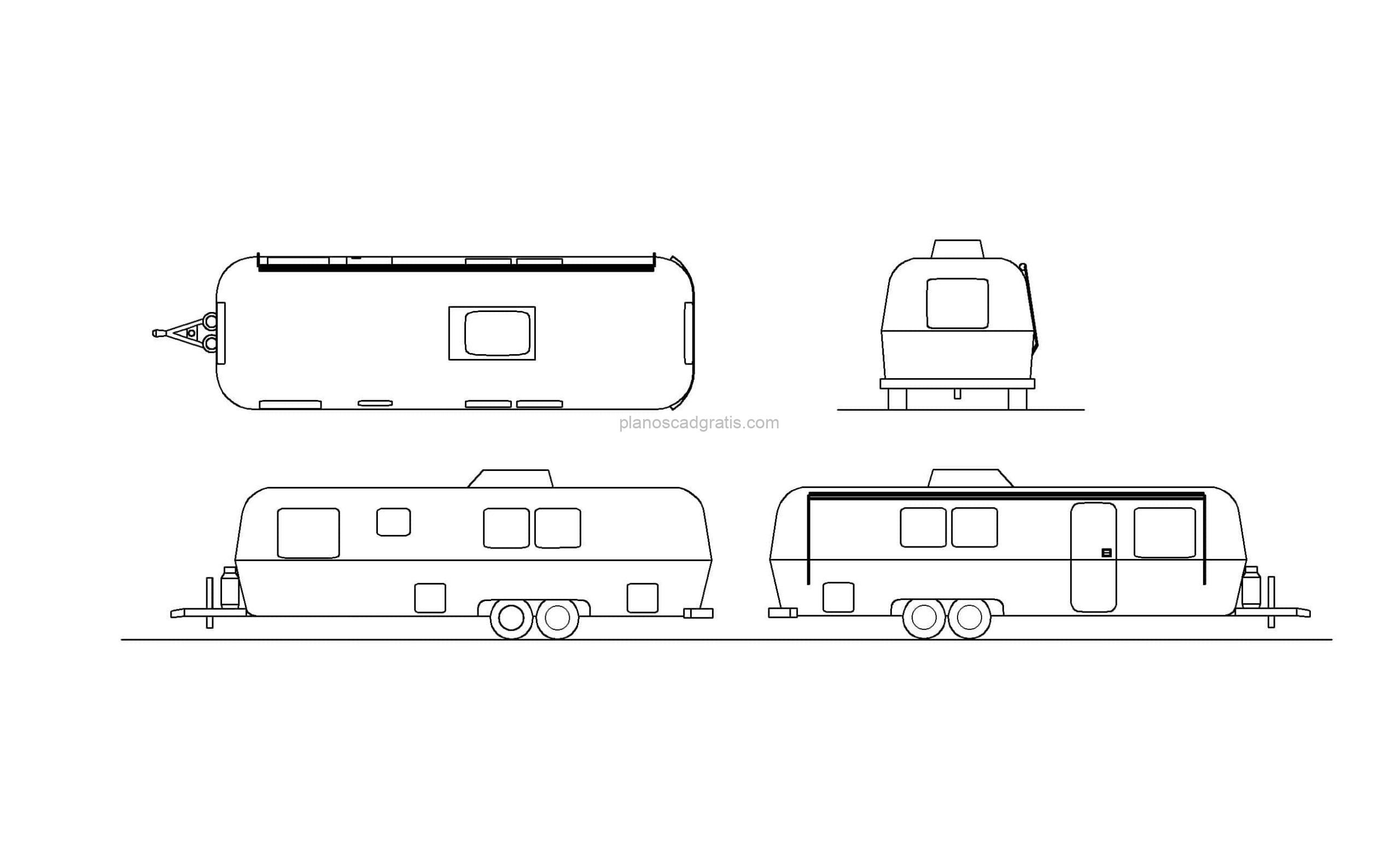 dibujo de autocad de una caravana, vistas en planta y elevaciones para descarga gratis en formato dwg