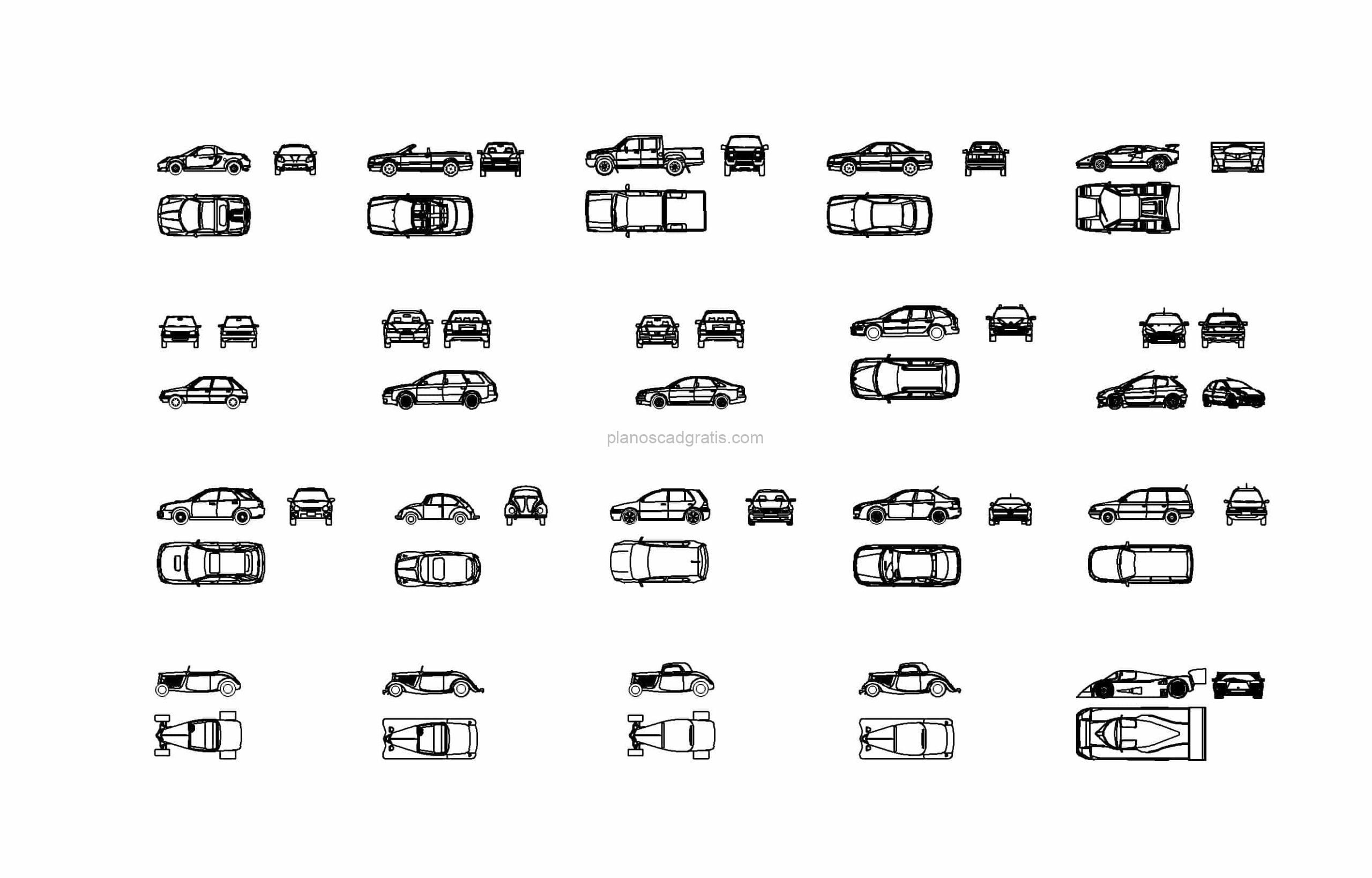bloque de autocad de coches y vehiculos, dibujo 2d, vistas en planta y elevación en formato dwg para descarga gratis