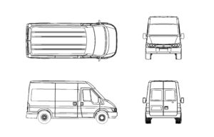 dibujo 2d de autocad de una furgoneta con todas las vistas en 2d, vistas en planta, elevaciones frontal y laterla, bloque dwg para descarga gratis