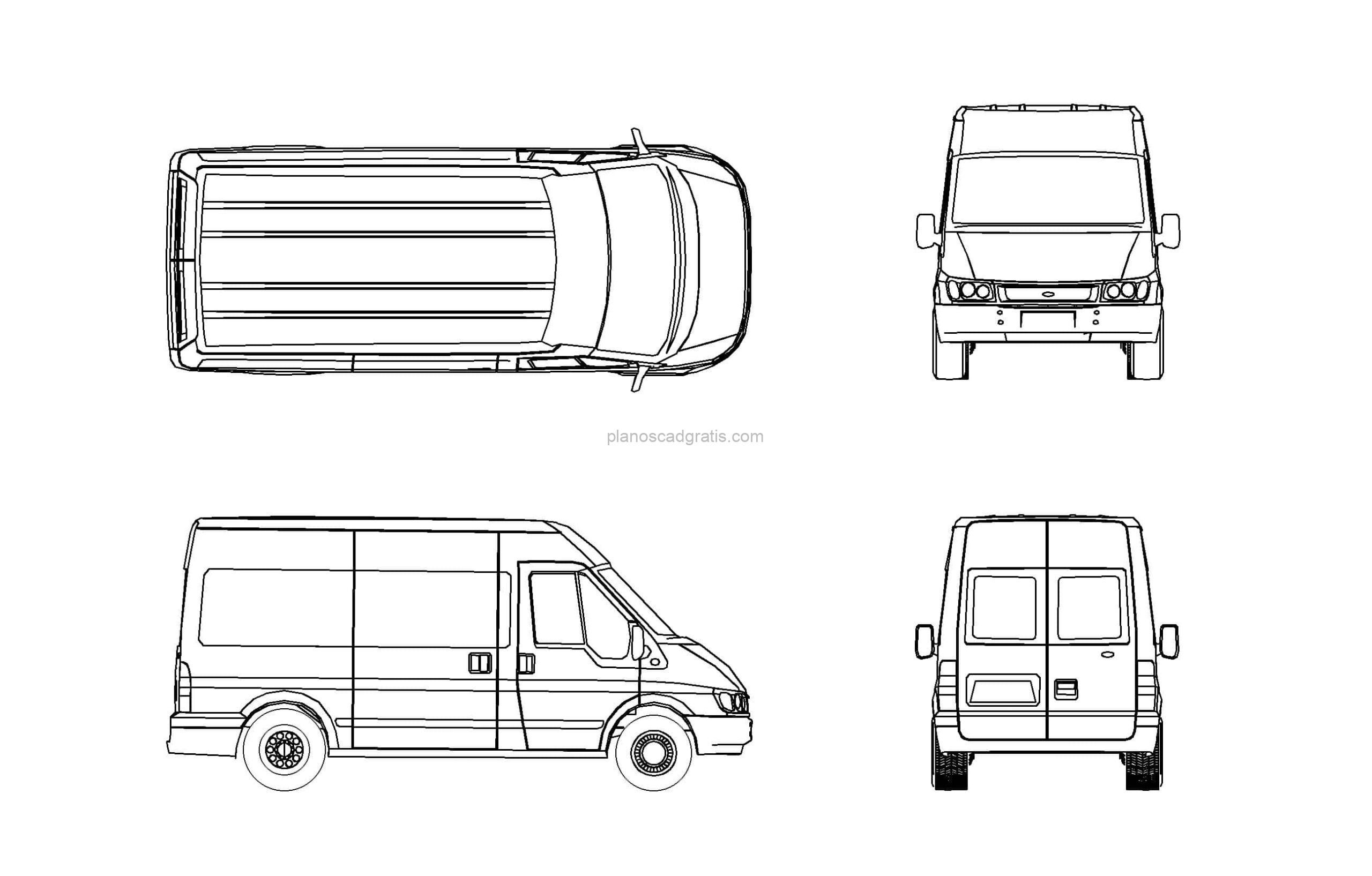 dibujo 2d de autocad de una furgoneta con todas las vistas en 2d, vistas en planta, elevaciones frontal y laterla, bloque dwg para descarga gratis