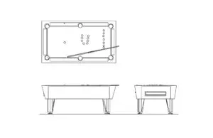 dibujo de autocad de mesa de villar, vistas en planta y elevaciones, archivo dwg para descarga gratis