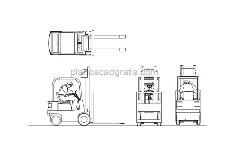 bloque de autocad de montacarga con operador, dibujo para descarga gratis, vistas en planta y elevaciones, formato dwg