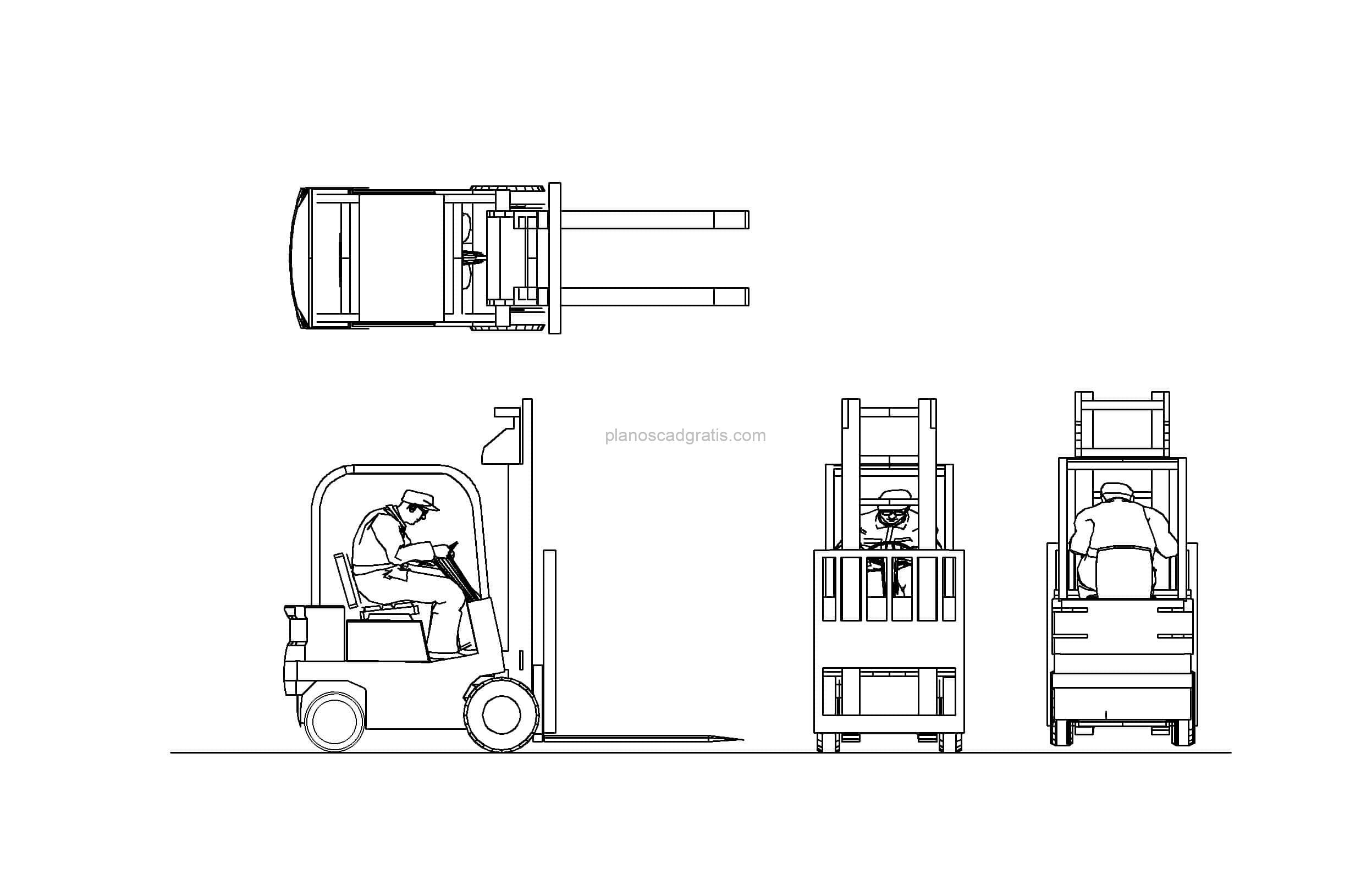 bloque de autocad de montacarga con operador, dibujo para descarga gratis, vistas en planta y elevaciones, formato dwg