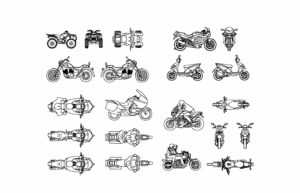 bloque de autocad de diferentes diseños de motocicletas, vistas en planta y elevación, archivo dwg para descarga gratis