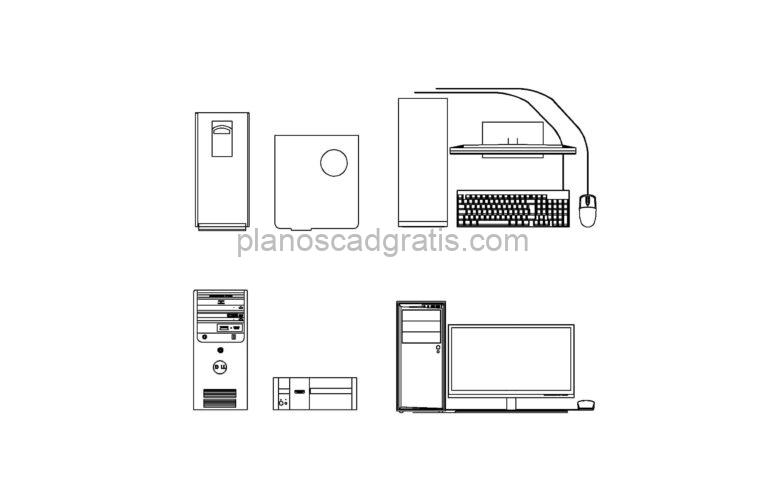 dibujo de autocad de diferentes ordenadores computadoras, bloque de autocad para descarga gratis, vistas en 2d frontal y elevaciones, archivo formato dwg para descarga gratis