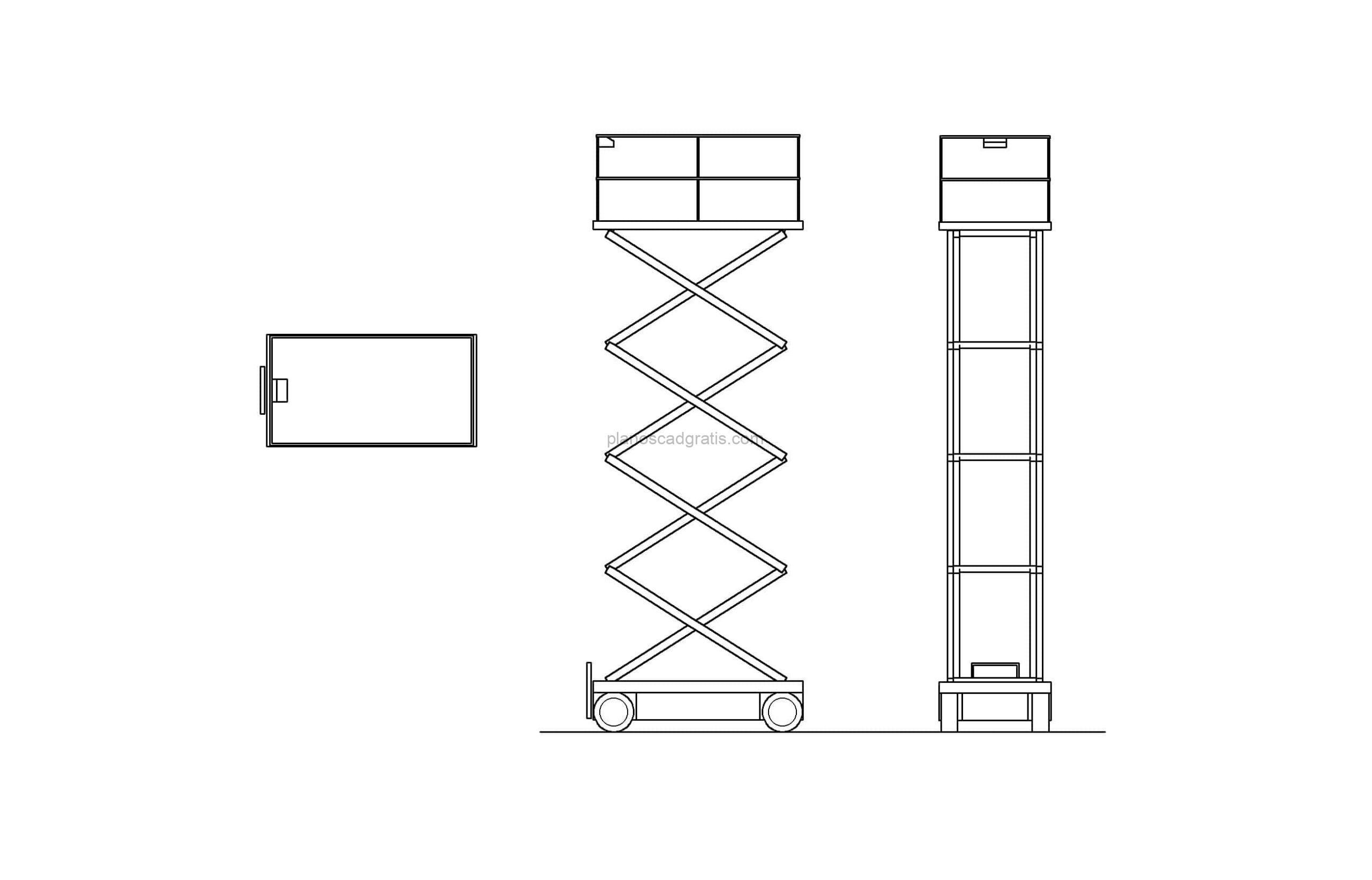 plataforma elevadora bloque de autocad en formato dwg, vistas en planta y elevación 2d para descarga gratis