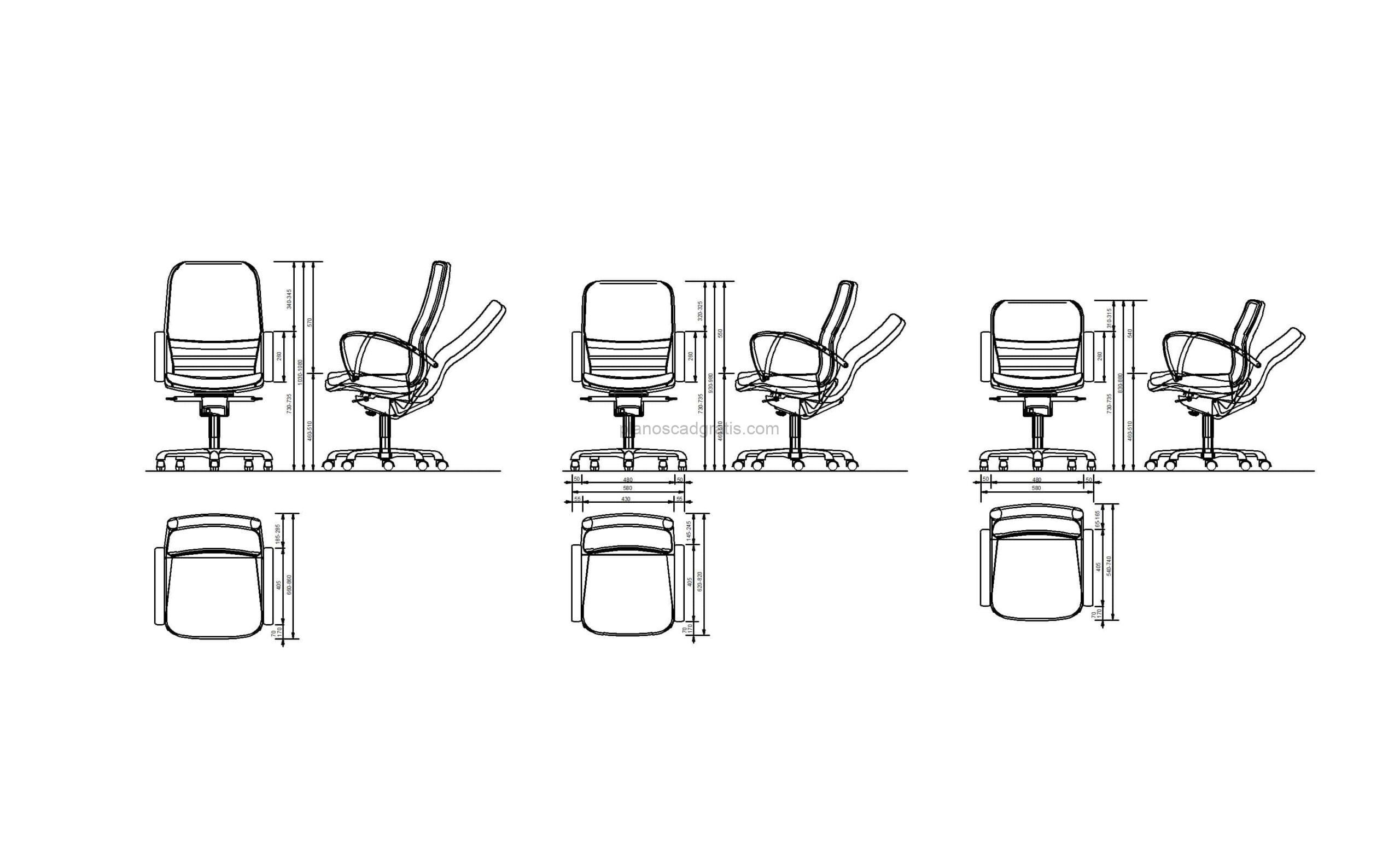 bloque de autocad en formato dwg de sillas de oficina, vistas en planta y elevación, para descarga gratis