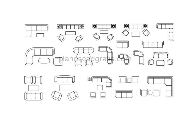bloque de autocad de sofa, dibujo con planta y elevación vistas 2d para descarga gratis, archivo dwg