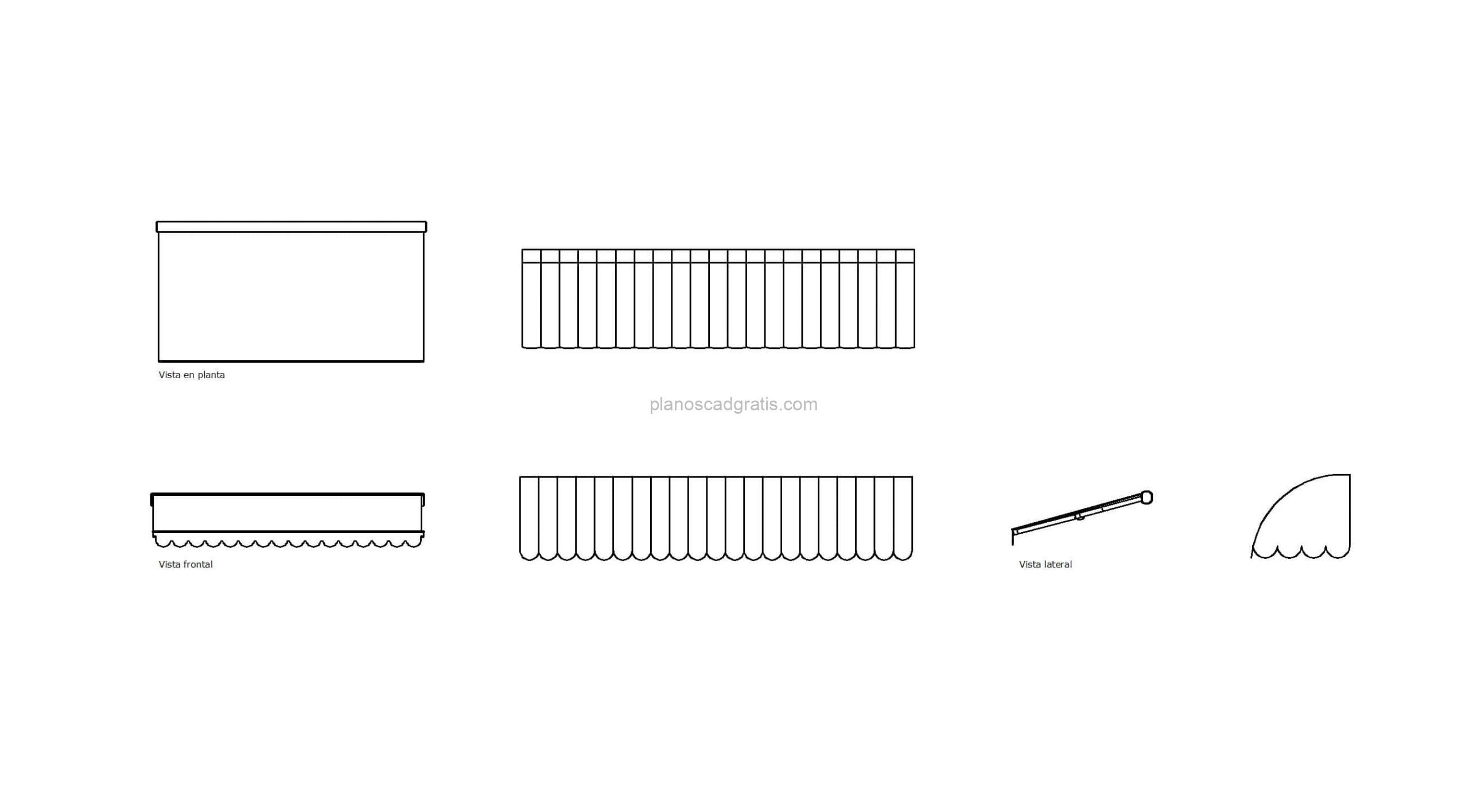 dibujo de autocad de diferentes toldos, vistas en plantas y elevaciones frontal y lateral para descarga gratis en formato dwg