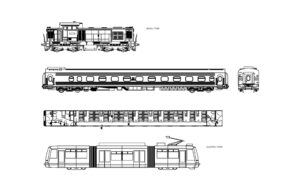 dibujo de autocad de un tren, vistas en planta y elevaciones, plano en formato dwg para descarga gratis