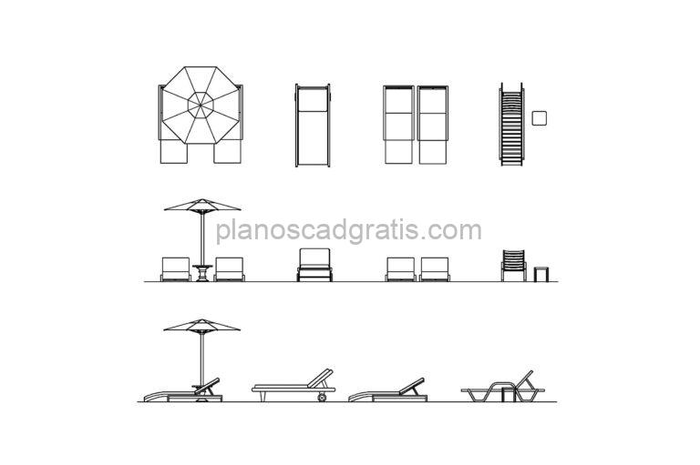 dibujo de autocad de diferentes tumbonas, bloque dwg con planta y elevaciones para descarga gratis en formato dwg