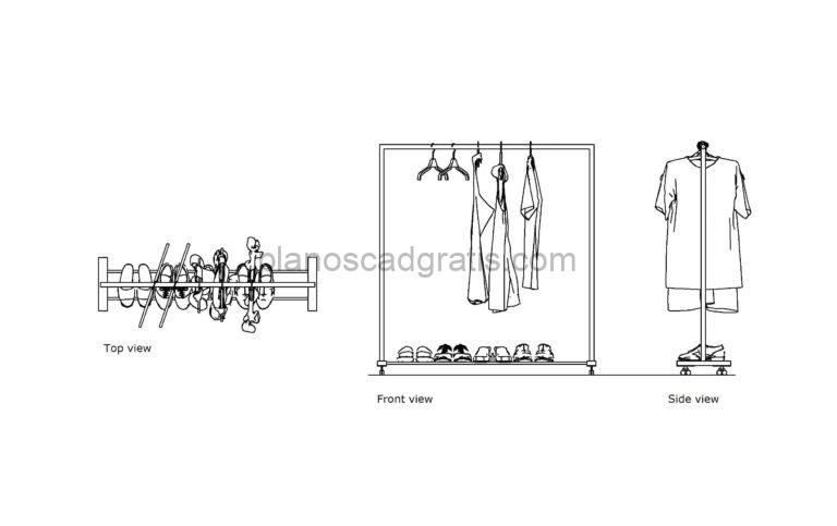 bloque de autocad de colgador de ropas, vistas en planta y elevación, dibujo con vistas dwg para descarga gratis