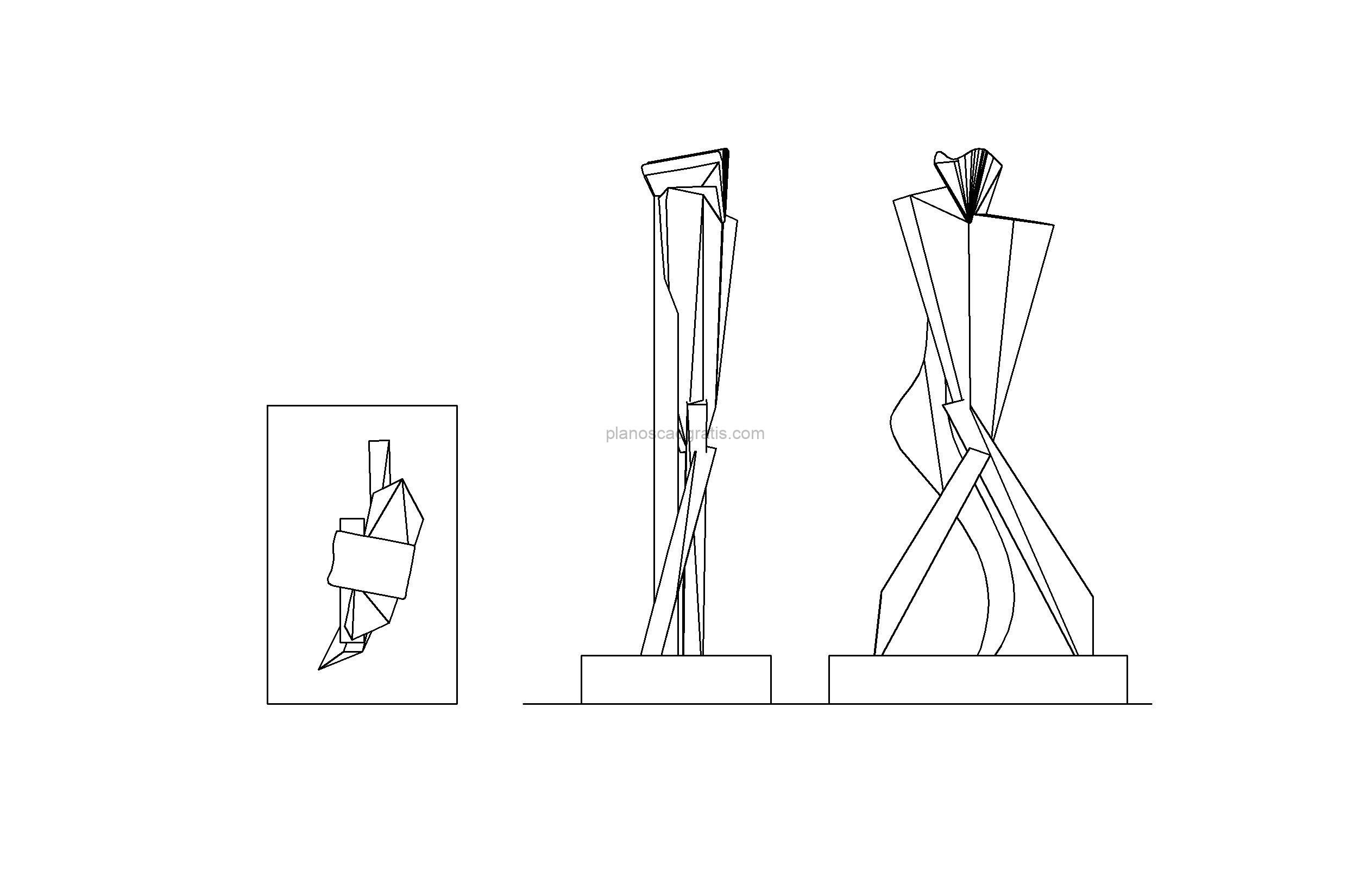 dibujo de autocad de una escultura de arte moderno, vistas en planta y elevaciones para descarga gratis formato dwg