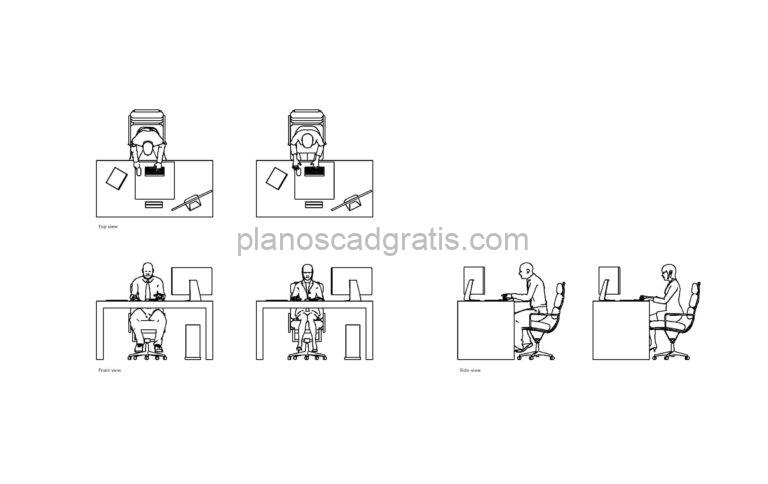 dibujo de autocad de personas sentadas en escritorio, dibujo en planta y elevaciones, archivo formato dwg para descarga gratis