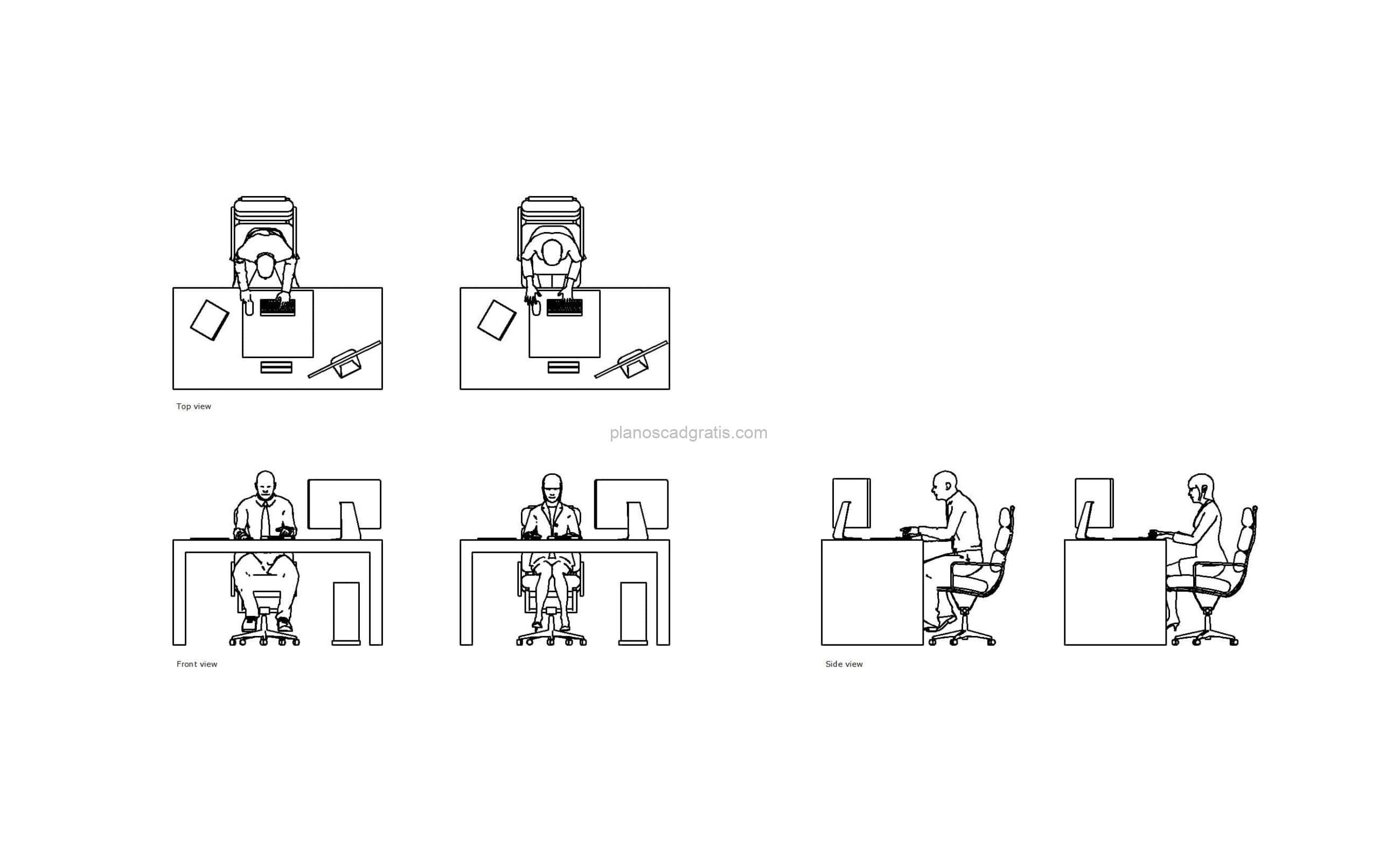 dibujo de autocad de personas sentadas en escritorio, dibujo en planta y elevaciones, archivo formato dwg para descarga gratis