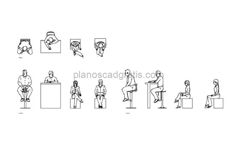 dibujo de autocad de diferentes personas sentandas, vistas en planta y elevación, archivo formato dwg para descarga gratis