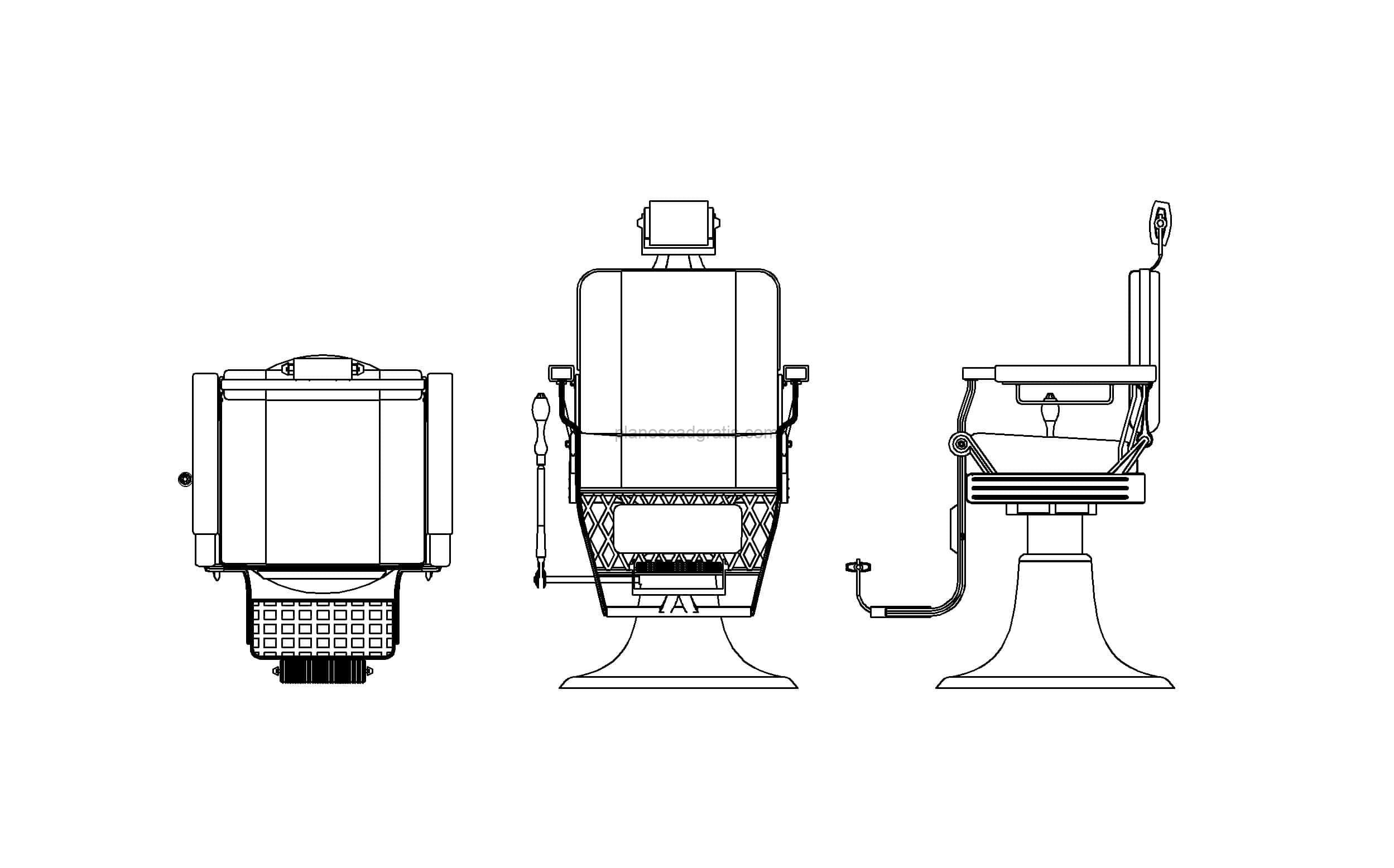 dibujo de autocad de silla de peluquero, vistas en planta y elevación, archivo dwg para descarga gratis