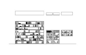 bloque de autocad de estantes de libros, vistas en planta y elevaciones para descarga gratis, archivo dwg de autocad