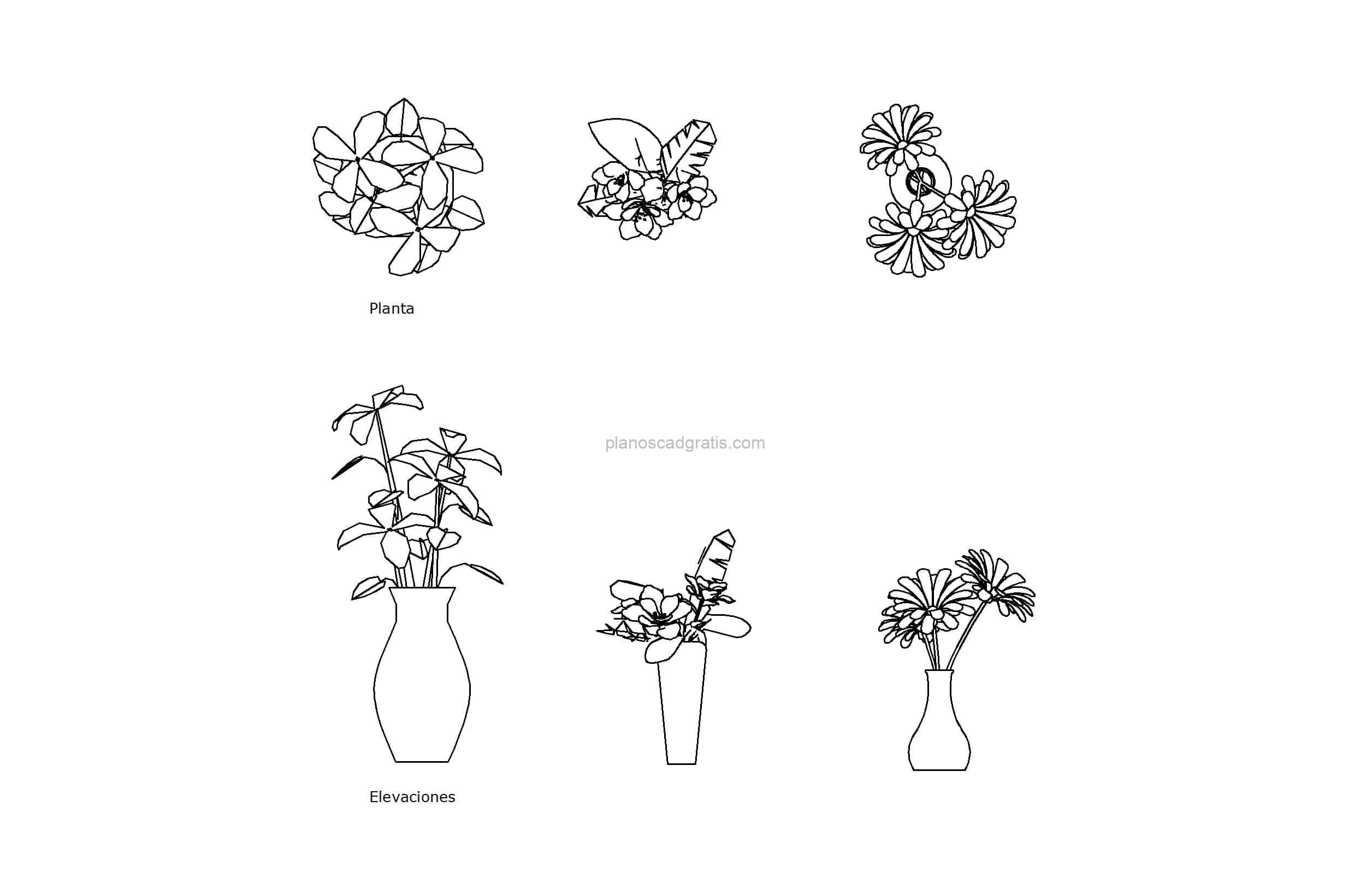 dibujo de autocad de diferentes macetas de flores, vistas en planta y elevación, dibujo 2d para descarga gratis